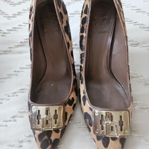 Tory Burch Leopard Print Heels with Gold Accents